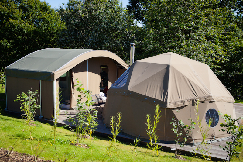 Domed sleeping pod and kitchen and shower room pod